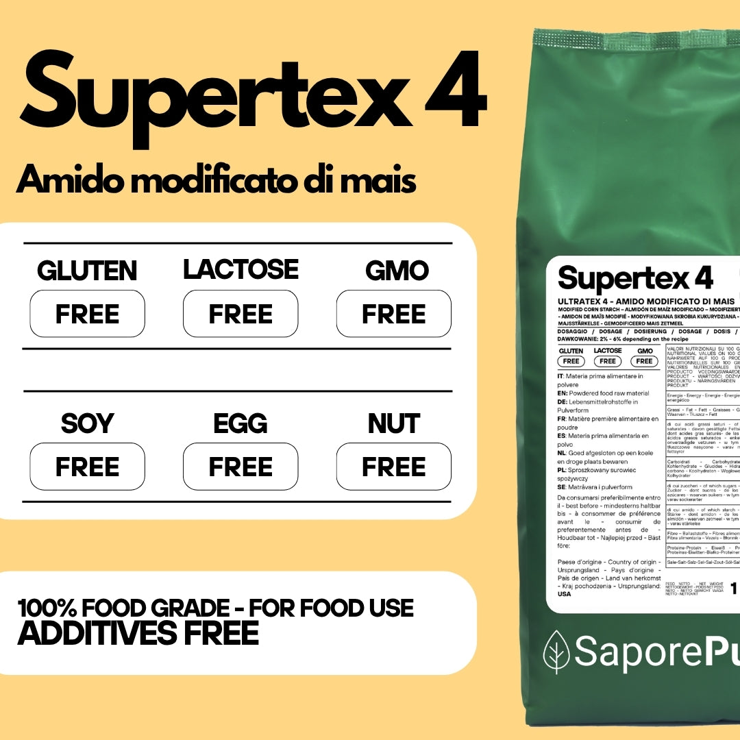 Amido modificato di mais SUPERTEX 4 di SaporePuro, amido alimentare pregelatinizzato e modificato da mais, uso a freddo.