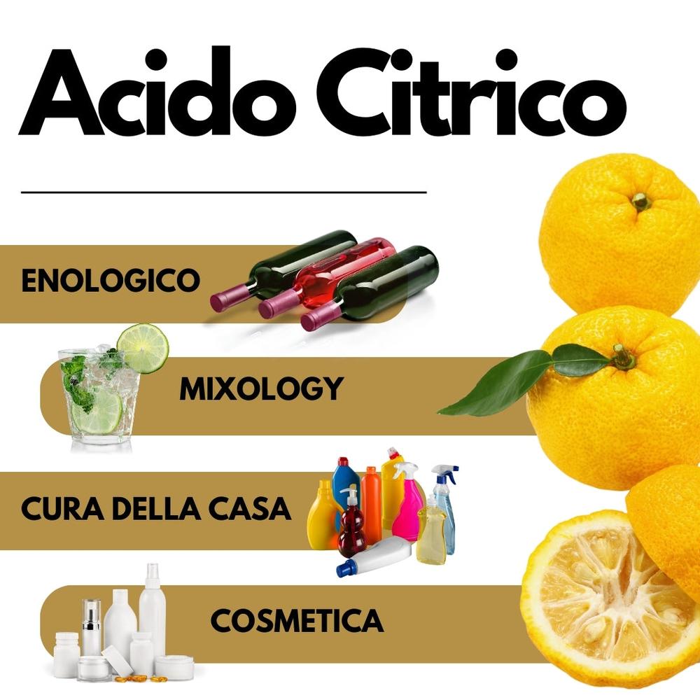 SaporePuro Acido Citrico food additive for cocktails, wine, cleaning, and enology, shown in a clear container.