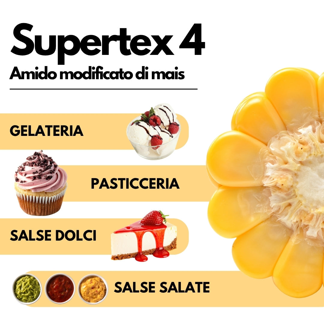 Amido alimentare pregelatinizzato SUPERTEX 4 di SaporePuro, modificato da mais, in confezione per uso a freddo