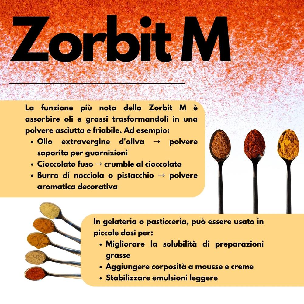 SaporePuro Zorbit M modified tapioca starch and maltodextrin in a clear container, showcasing the fine white powder.
