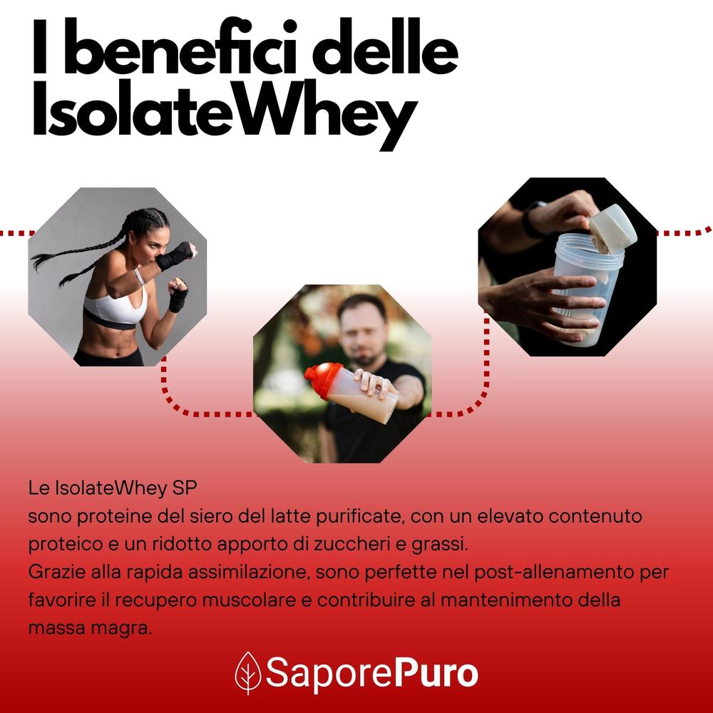 SaporePuro IsolateWhey SP protein powder container, showing the label with product name and nutritional information.
