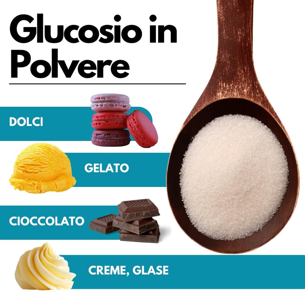 SaporePuro powdered glucose syrup 38-39DE in 1 kg bag, an ingredient for baking and cooking, shown in a clear bag.