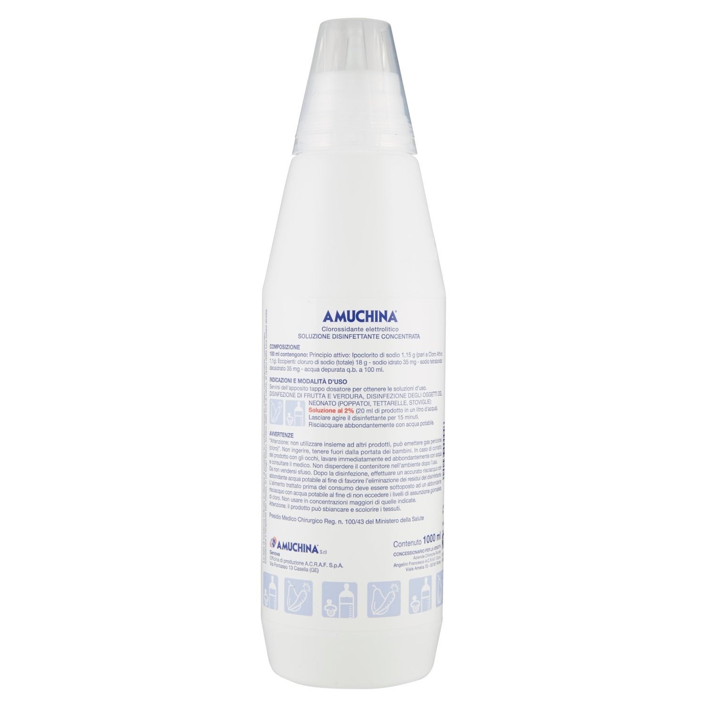 Amuchina 1L disinfectant solution, concentrated medical-surgical cleaner in a clear bottle with a label and cap.