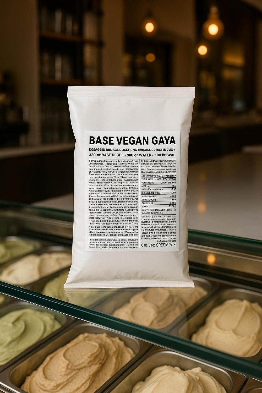 Base Gaya Vegan di SaporePuro, preparato pronto all'uso per gelato vegano, con una ciotola e ingredienti visibili in primo piano.