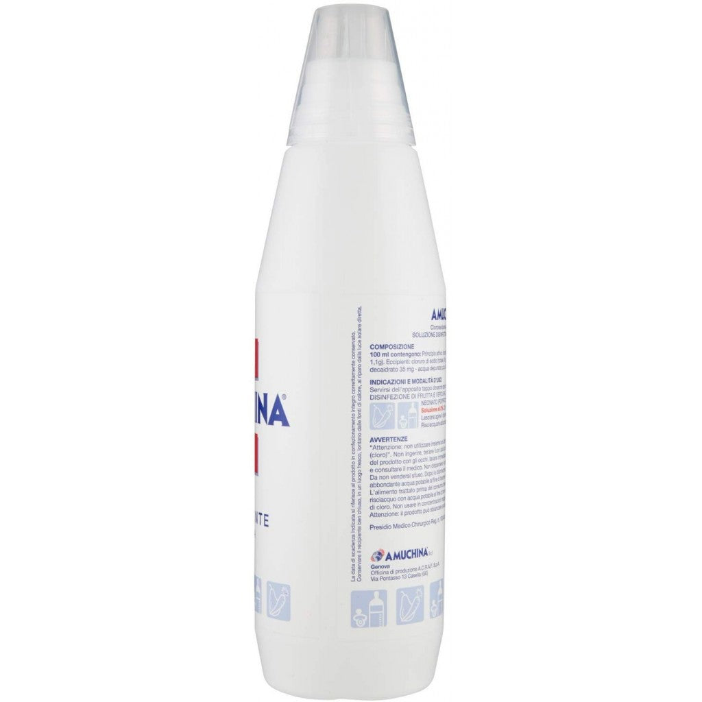 Amuchina Disinfettante 1L bottle, a concentrated medical disinfectant solution on a neutral background.