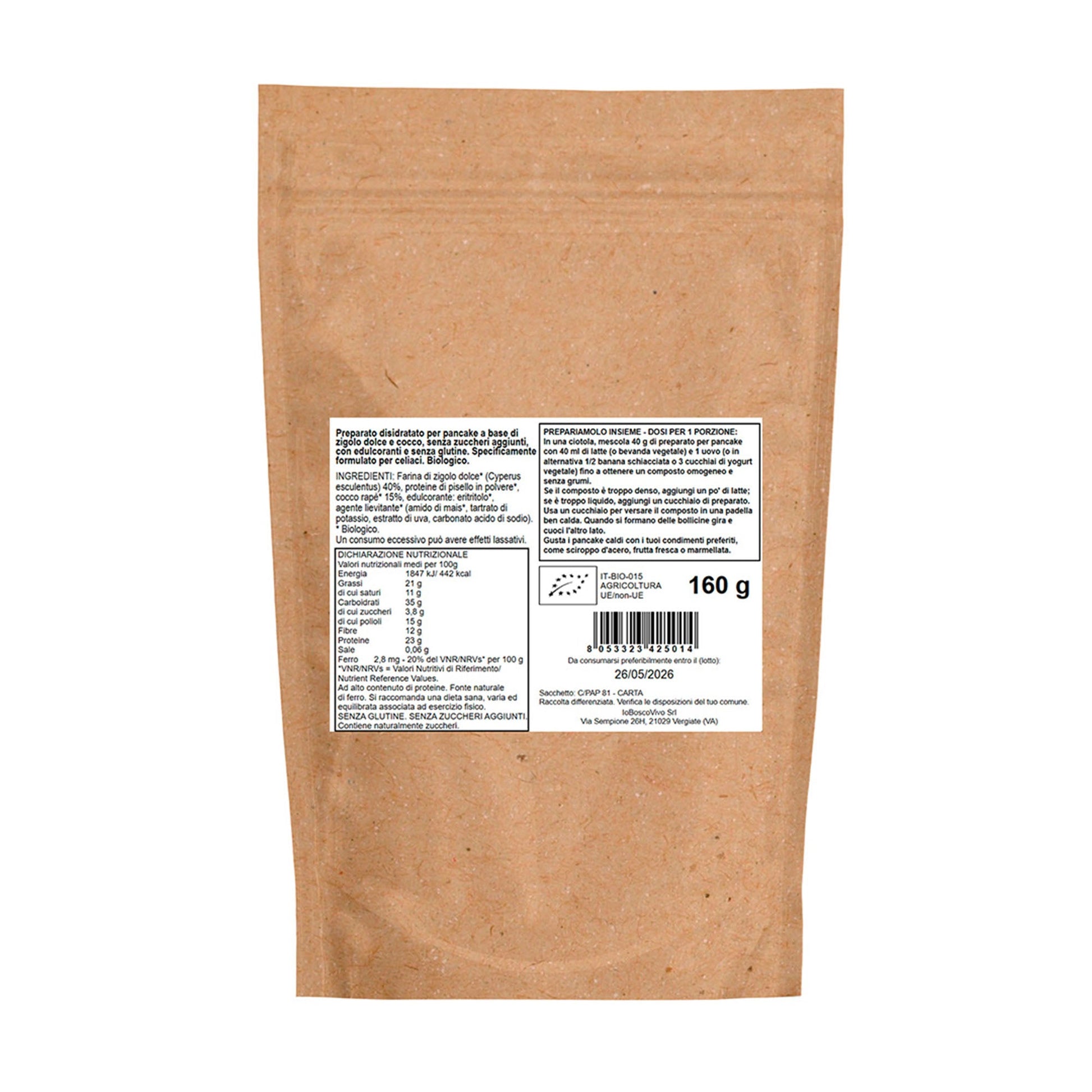 Preparato Bio per Pancake Proteici al Cocco e Chufa Senza Glutine 160g - GelatoStore