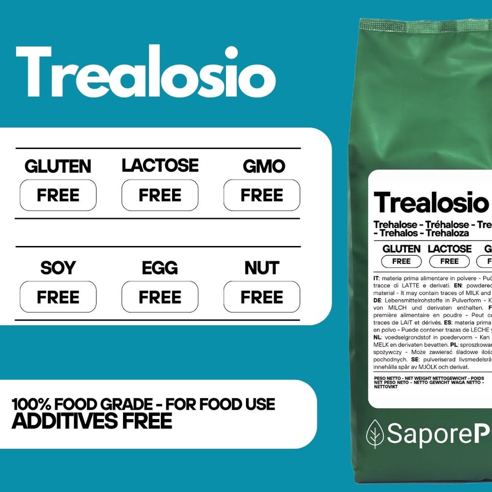 Trealosio natural sugar from SaporePuro, showing a jar of organic extra EU origin sugar on a kitchen countertop.