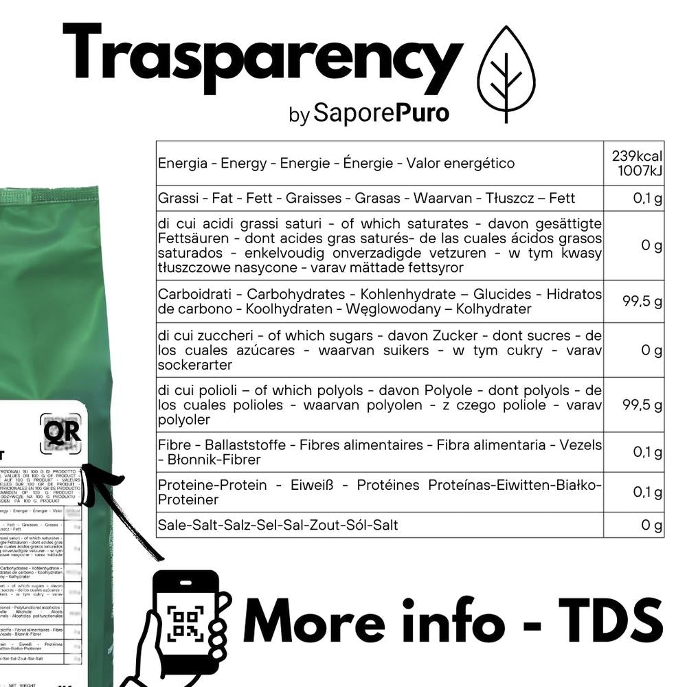 SaporePuro Maltitolo in polvere, Italian-made sweetener in a resealable bag, fine white powder for baking and cooking.