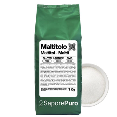 SaporePuro maltitol powder in a clear container, showcasing fine white granules, packaged in Italy for low-carb sweetening.