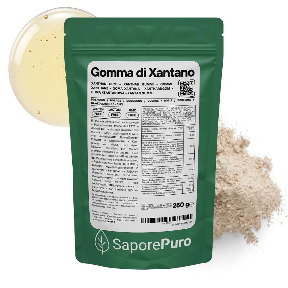 SaporePuro Xantano gum E415 in package, gluten-free thickening agent, Italian-made, for cooking and baking.