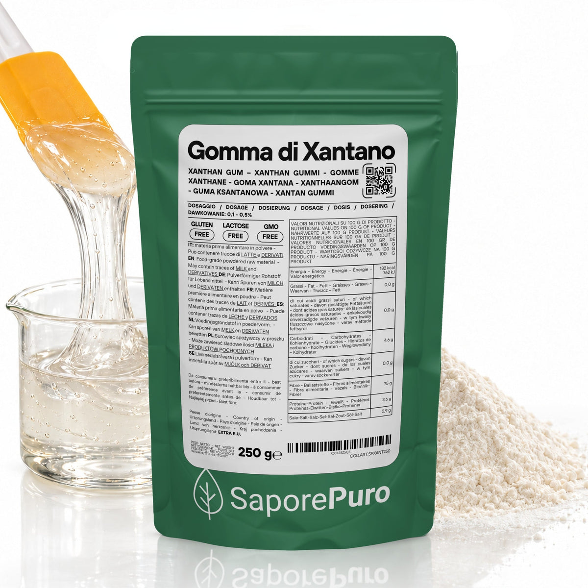 Gomma di xantano SaporePuro E415 in confezione, ingrediente naturale utilizzato in cucina e pasticceria italiana.