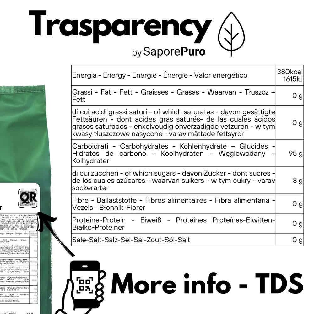 SaporePuro Maltodestrine 18-19DE, Italian slow-release sugar ingredient for gelato and baking, in a clear packaging.
