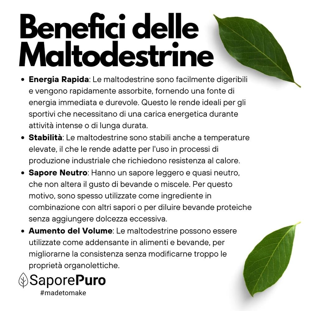 SaporePuro Maltodestrine 18-19DE, Italian slow-release sugar for gelato and baking, in a packaged ingredient container.