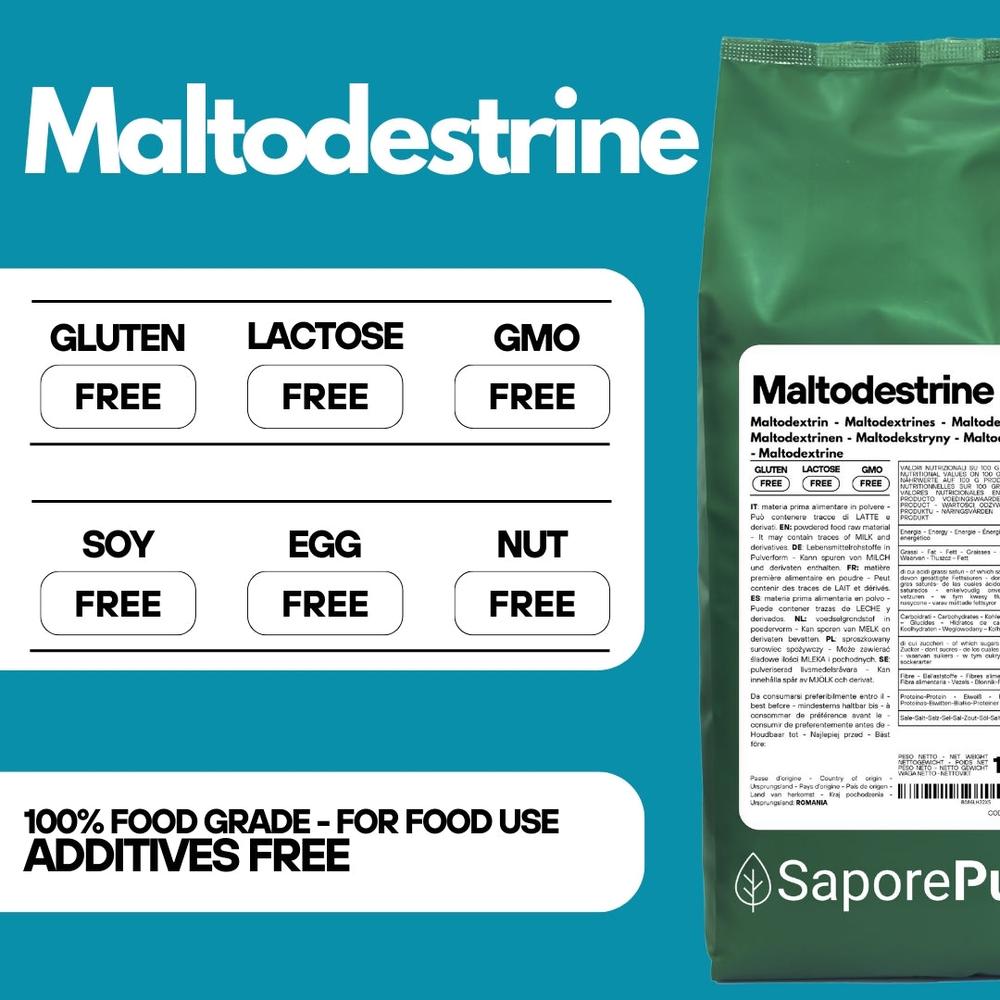 Maltodestrine 18-19DE by SaporePuro, Italian slow-release sugar, used for gelato and baking ingredients, in a resealable pack.