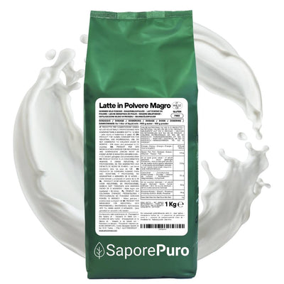 SaporePuro Latte Magro in Polvere 1kg package, EU origin, showing the powdered milk product in a sealed bag.