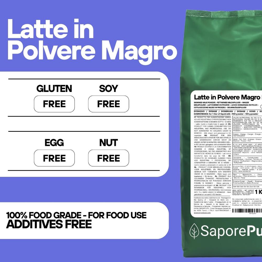 SaporePuro Latte Magro in Polvere, 1kg package, fine powdered low-fat milk from EU origin, in a sealed bag