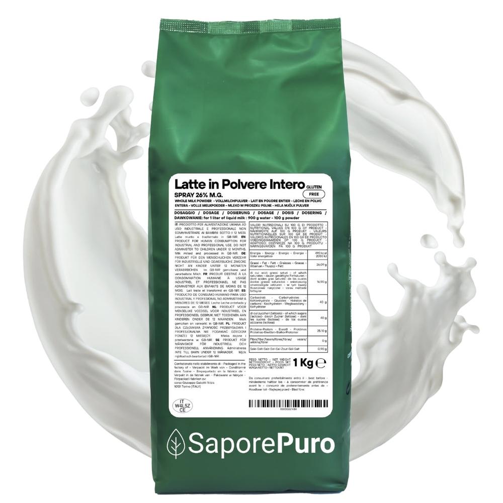 SaporePuro Latte Intero in Polvere, U.E. origin, creamy powdered milk in a clear container with label.