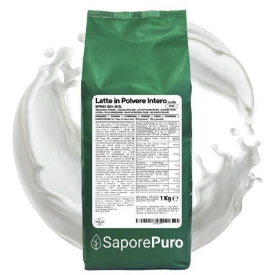 SaporePuro Latte Intero in Polvere, U.E. origin, creamy powdered milk in a clear container with label.