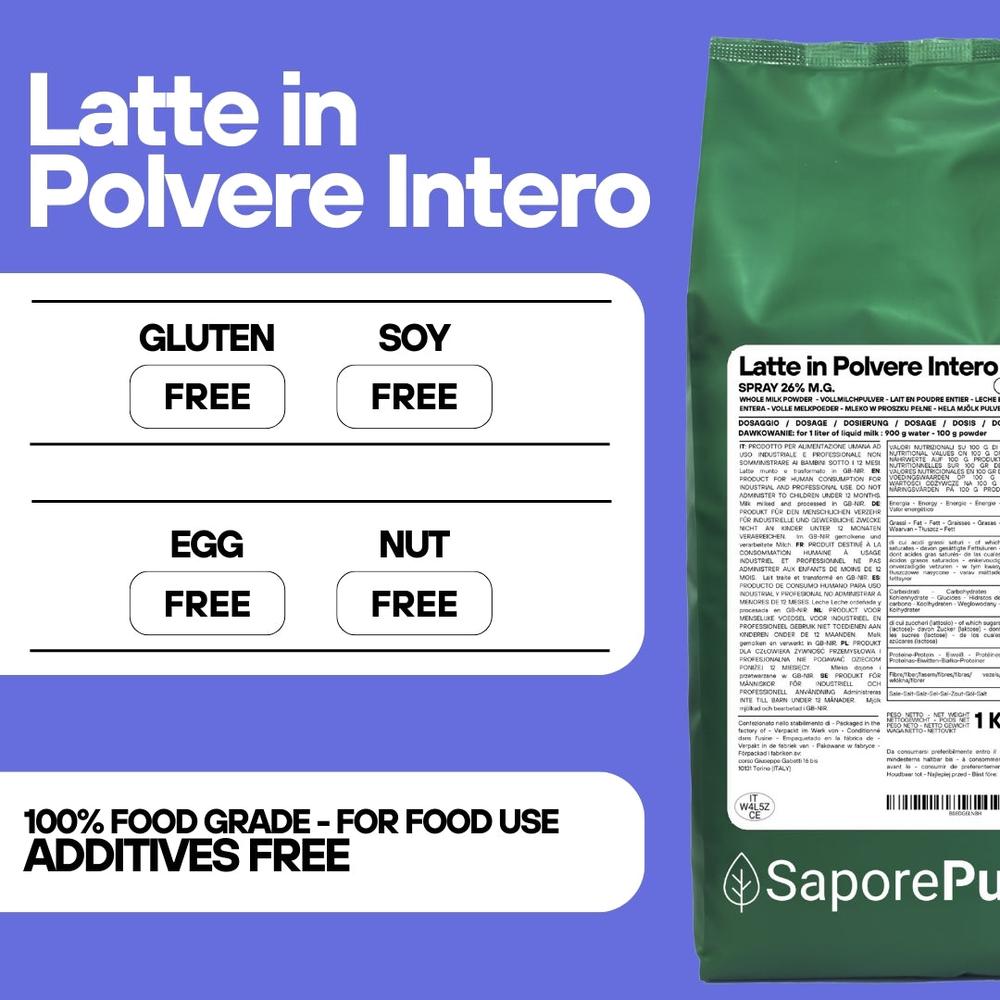 SaporePuro Latte Intero in Polvere, a package of whole milk powder from the European Union on a plain background.