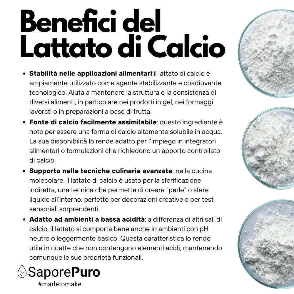 Calcium lactate powder for molecular spherification, SaporePuro brand, used in cooking and baking, shown in a white container with a scoop.