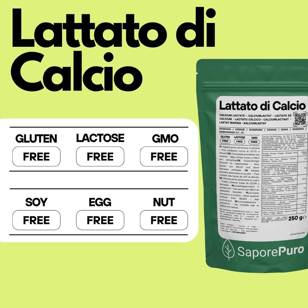 Calcium lactate powder for cooking and baking, SaporePuro ingredient for molecular spherification, white crystalline substance shown in image.