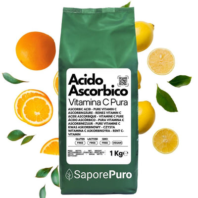 SaporePuro pure vitamin C (E300) powder in a clear container, suitable for recipes, packaged in Italy.