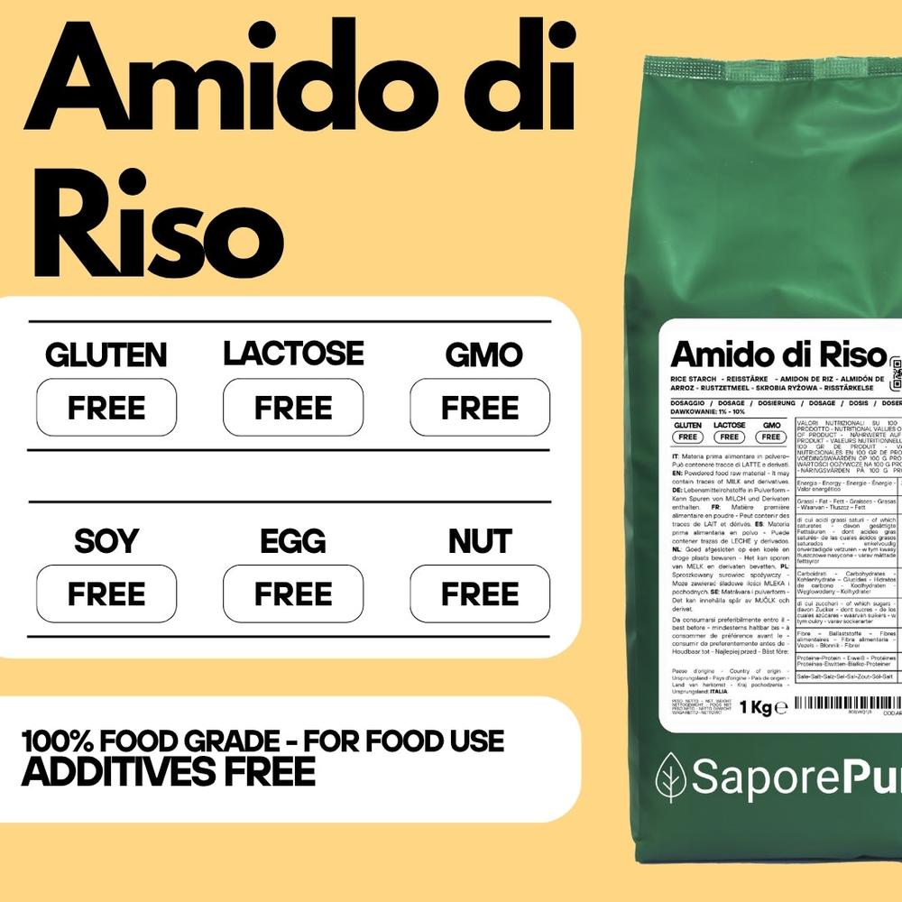 Italian SaporePuro rice starch powder in a clear container, fine white powder with a smooth texture, for cooking and baking.