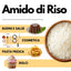 SaporePuro Amido di Riso, 100% natural rice starch powder from Italy, in a clear packaging showing fine white powder.