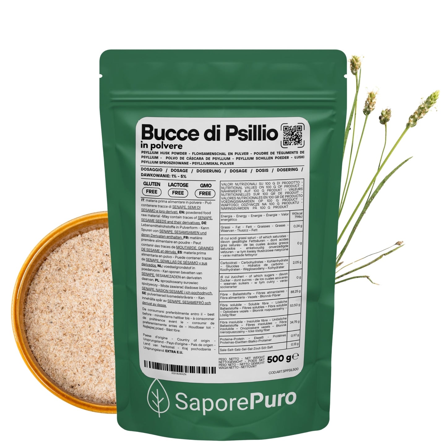 Polvere di fibra di psillio SaporePuro, buccette di psillio in polvere per integratori alimentari naturali.