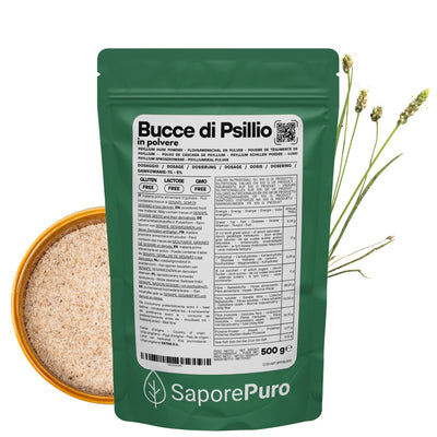 Polvere di fibra di psillio SaporePuro, buccette di psillio in polvere per integratori alimentari naturali.