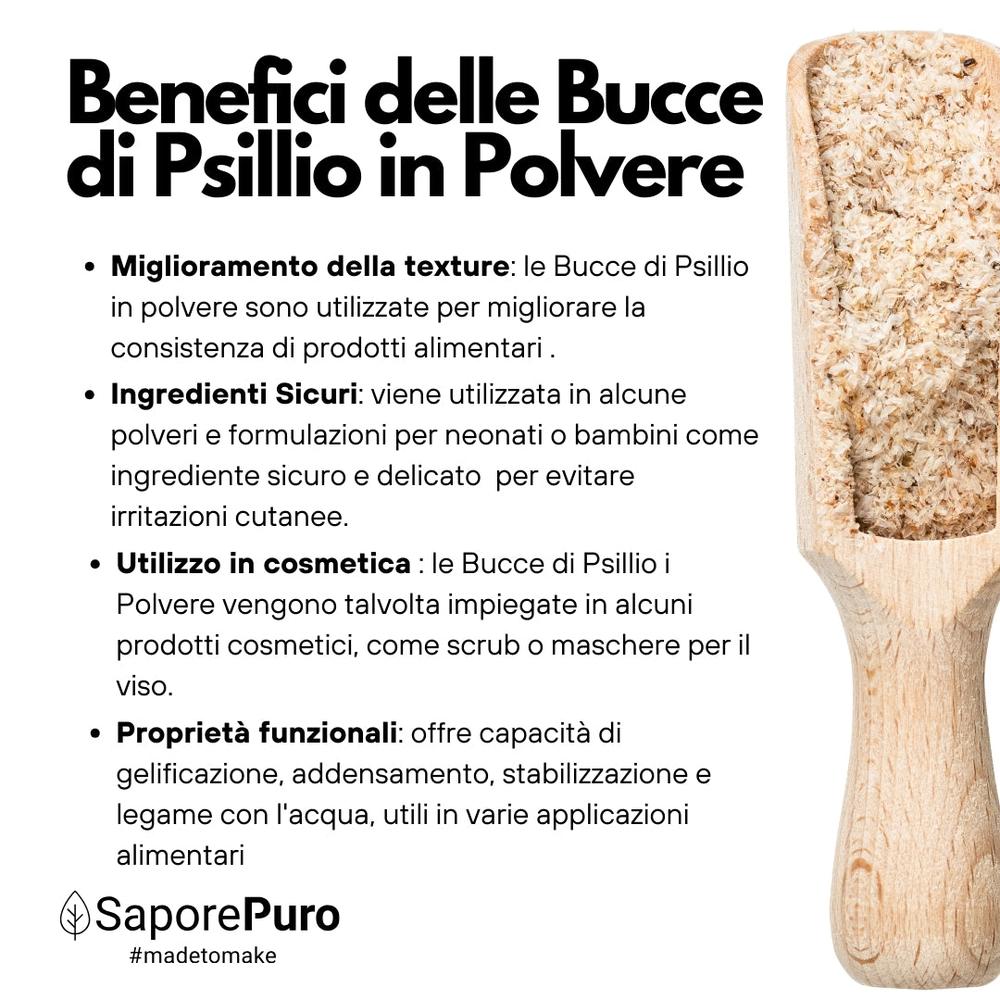 Bucce di Psillio in polvere SaporePuro, fibra naturale di psillio, in confezione con etichetta e cucchiaio misurino.