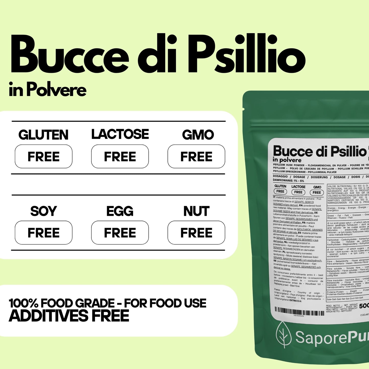 Polvere di fibra di psillio SaporePuro, bustina con bucce di psillio in polvere, integratore naturale per la digestione.