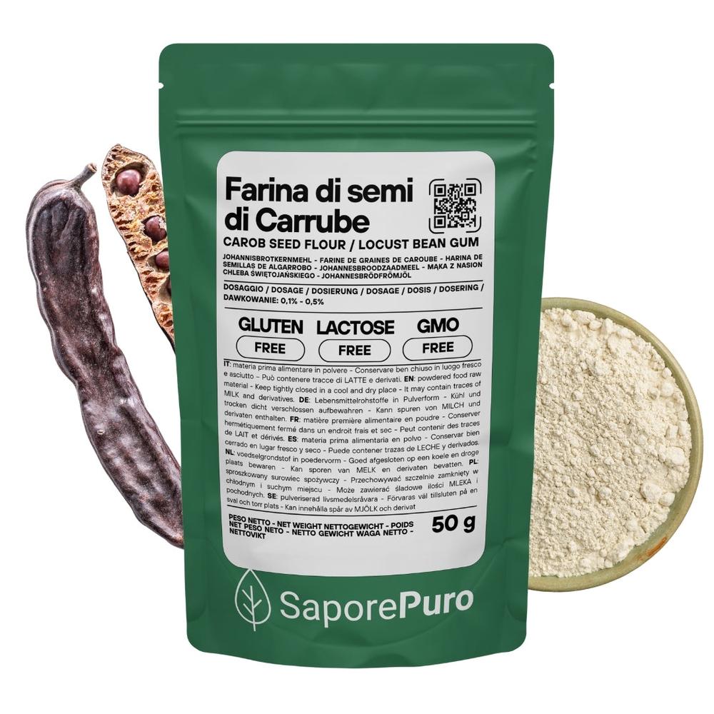 SaporePuro organic Italian carob seed flour (E410) in a clear plastic bag, showing the beige powder inside.