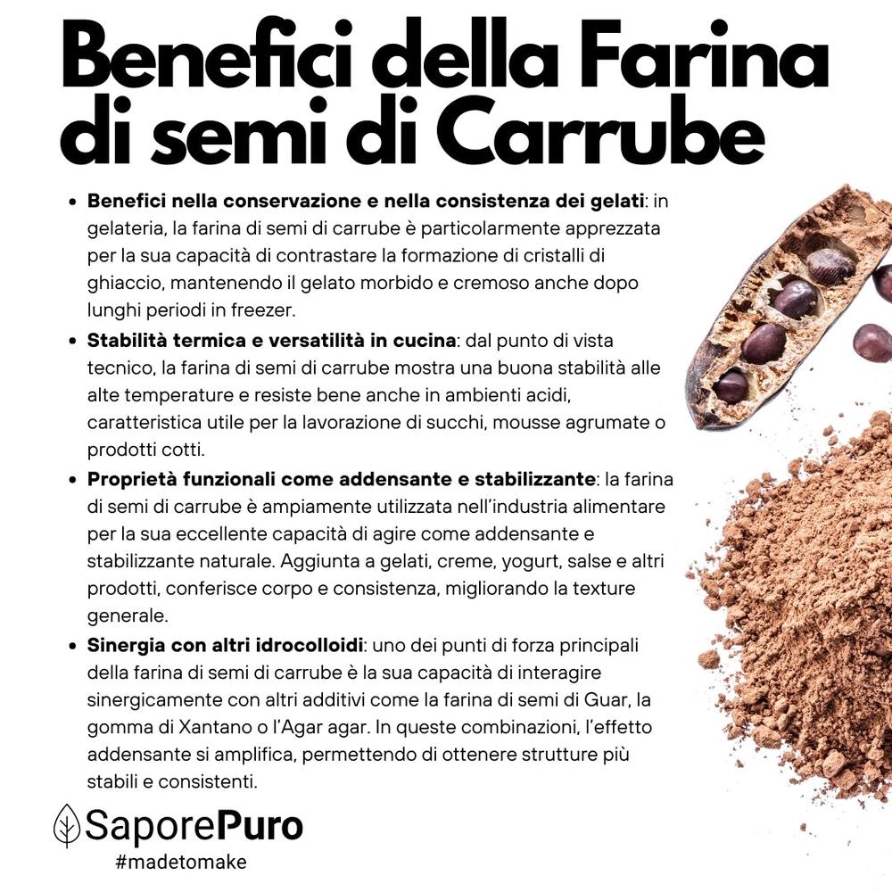 SaporePuro Italian carob seed flour (E410) in a clear bag, showing fine brown powder with a scoop inside.