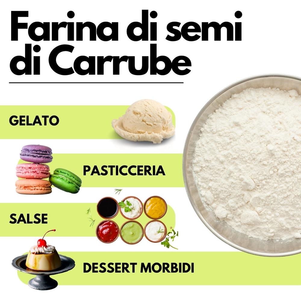 SaporePuro farina di semi di carrube (E410) from Italy, showing a close-up of the gluten-free, natural product in a jar.