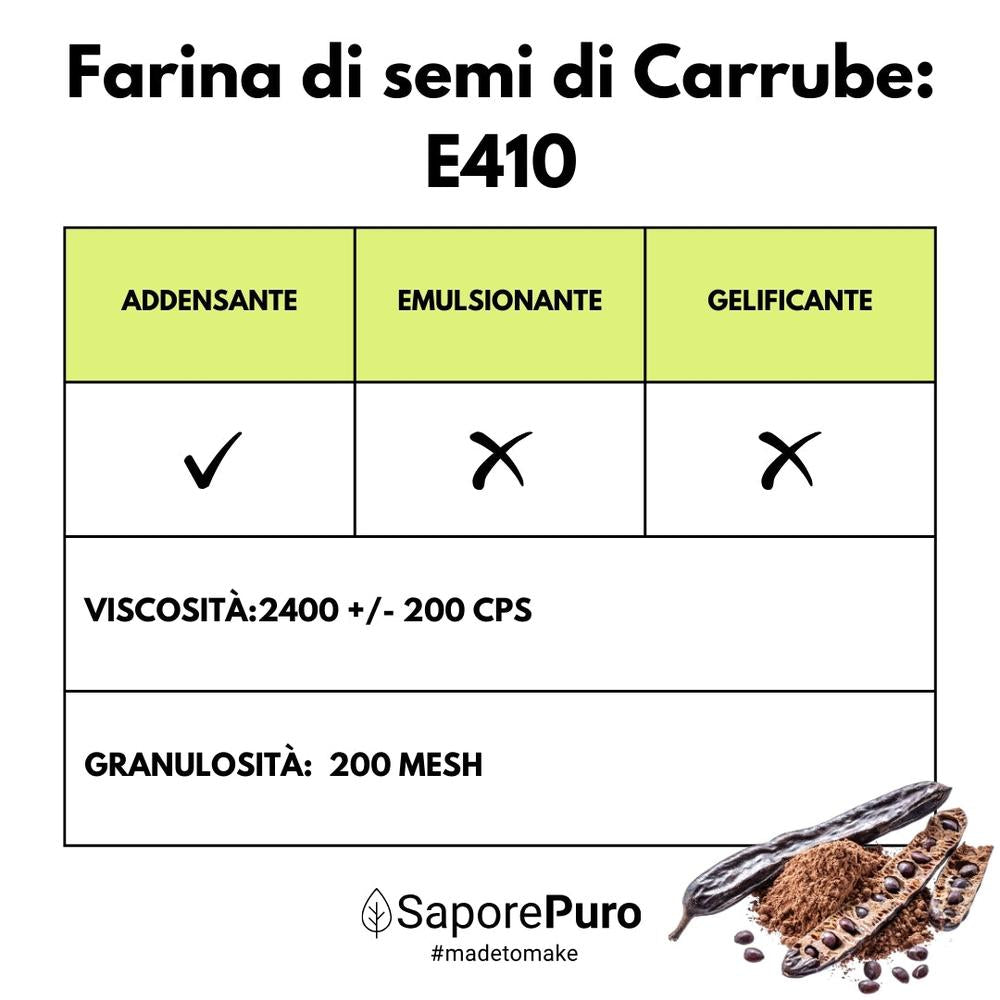 SaporePuro Carrube Seed Flour (E410) in a clear package, close-up of the Italian-origin product with label details.
