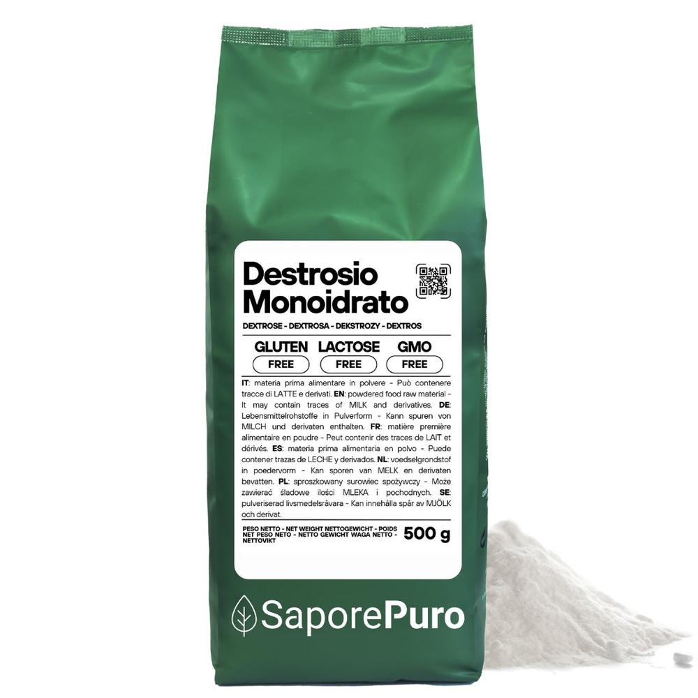 SaporePuro Destrosio gelato sugar in a clear jar, used for quick energy and sweetening in gelato and dessert recipes.