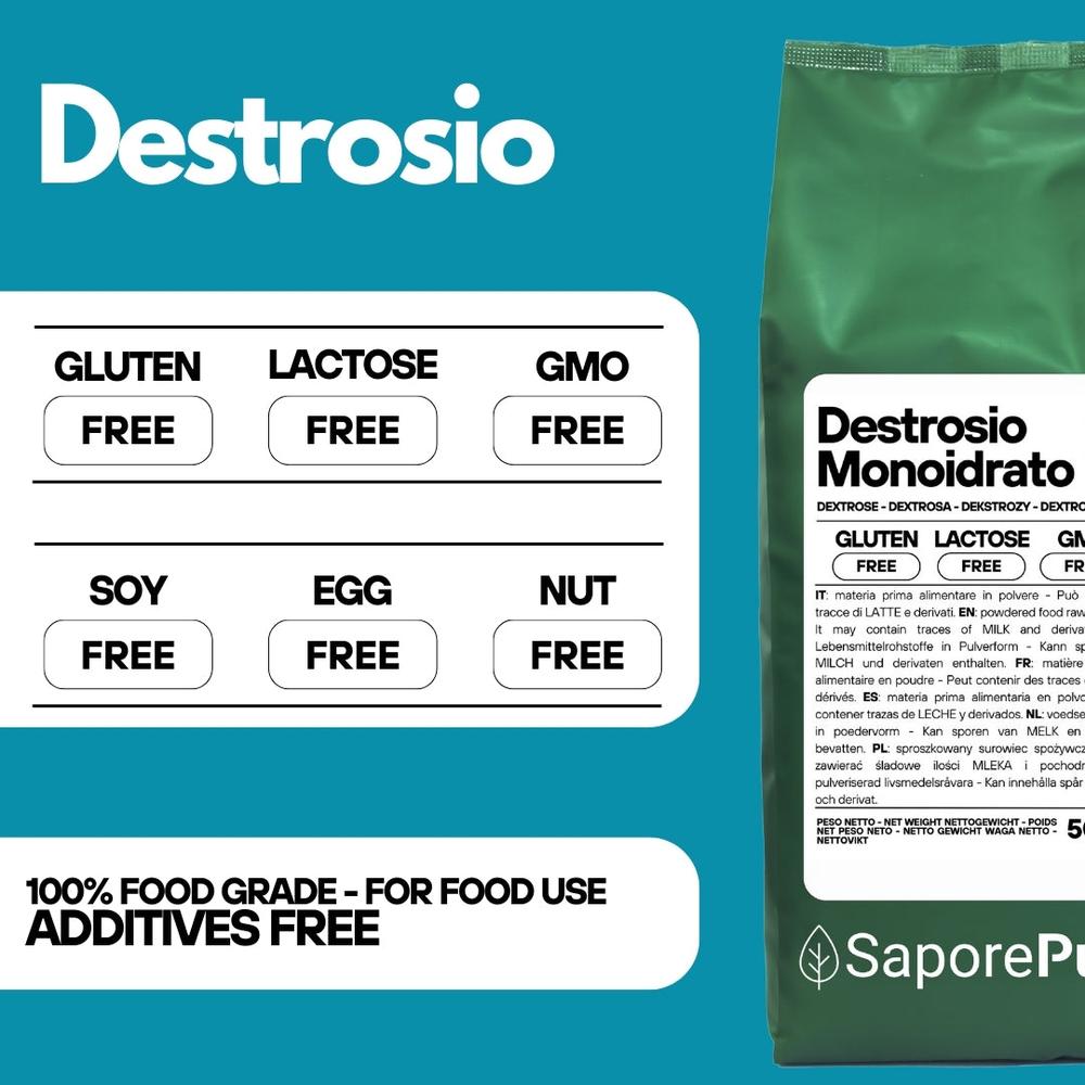 SaporePuro Destrosio gelato sugar for quick energy, in a white package with blue and yellow accents, designed for ice cream making.