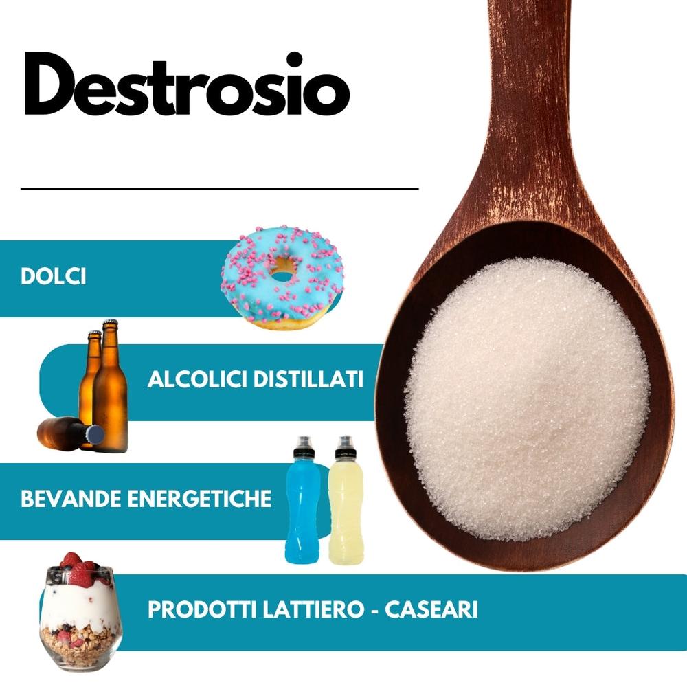 SaporePuro DestroSio gelato sugar, fast-acting sweetener and energy booster, in a clear container with white granulated sugar.