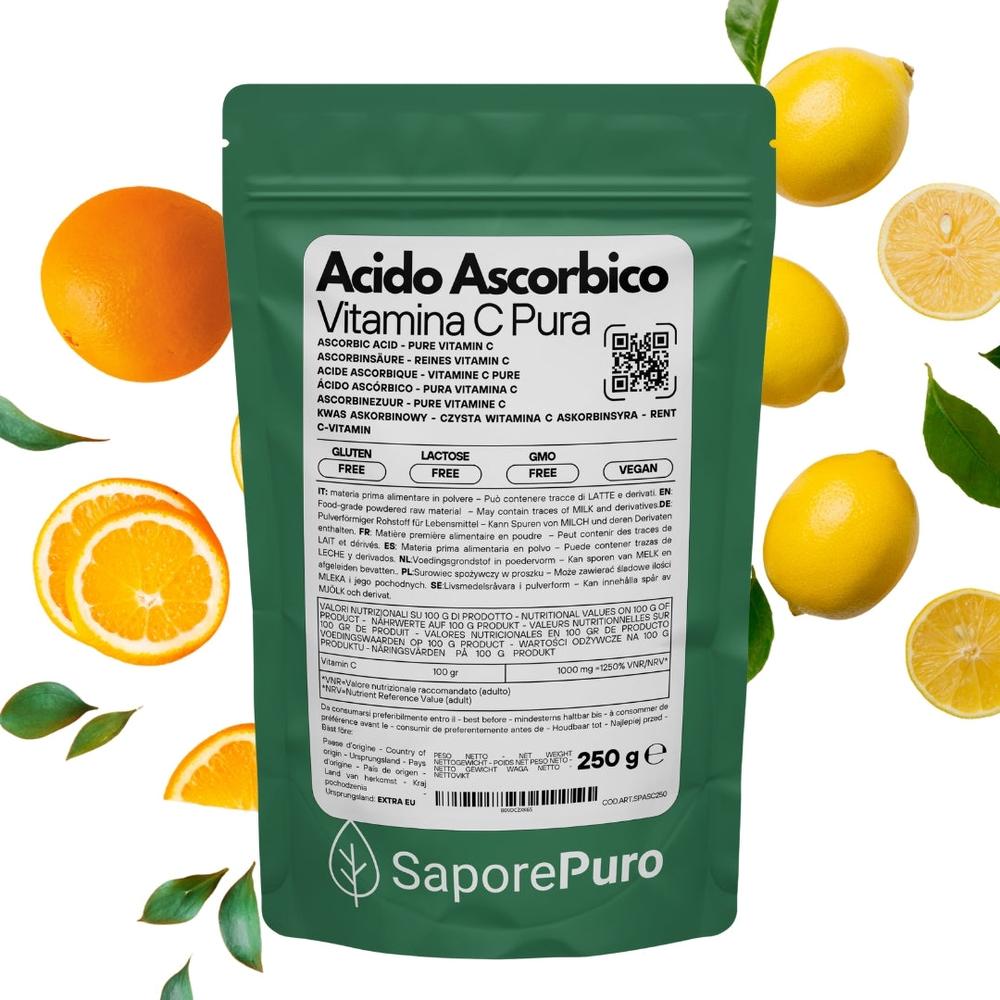 SaporePuro Acido Ascorbico Vitamina C in polvere, pura, in confezione italiana, essential nutrient for recipes, close-up image