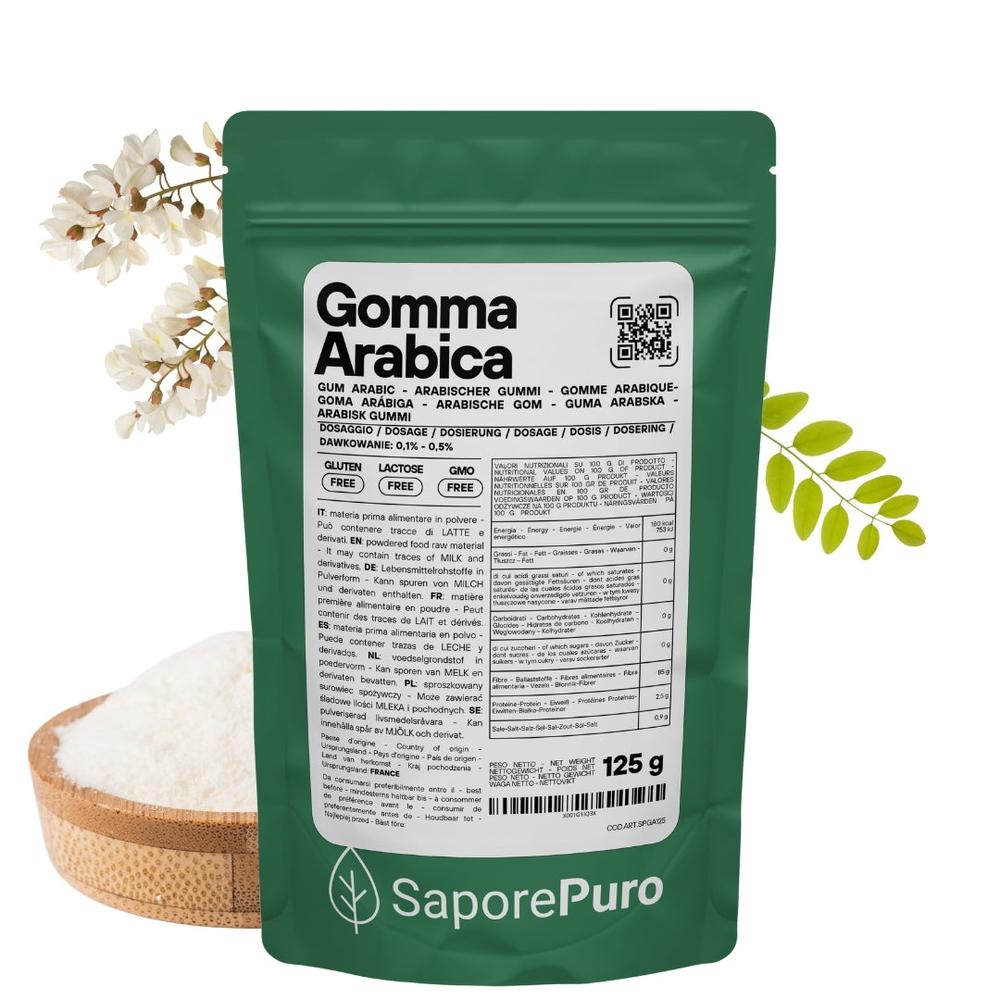 SaporePuro Arabica gum powder (E414) in a container, used as an ingredient for baking and cooking, Italian packaged.