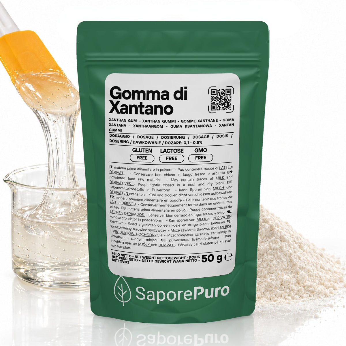 Gomma di xantano SaporePuro E415 in confezione, ingrediente naturale utilizzato in cucina e pasticceria italiana.
