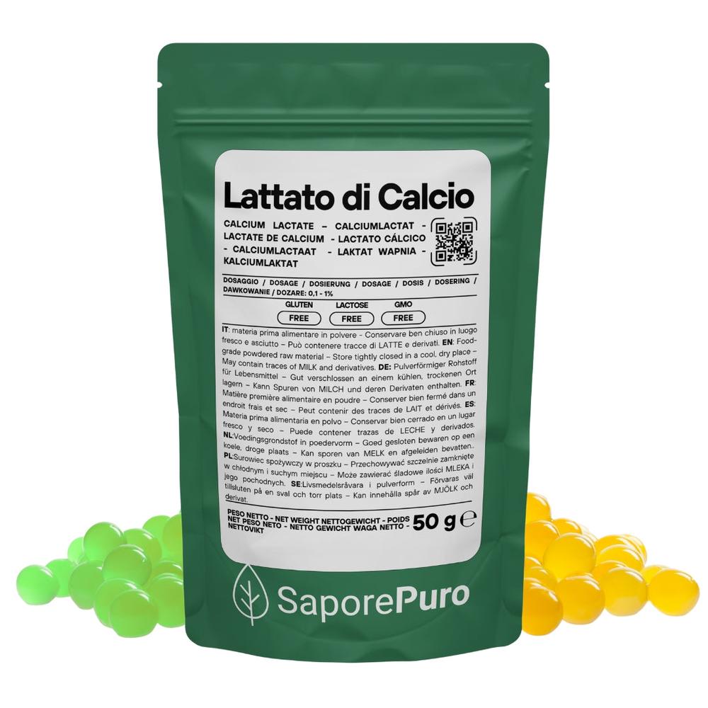 Calcium lactate powder for cooking, from SaporePuro, used in molecular spherification and baking, shown in a clear container.