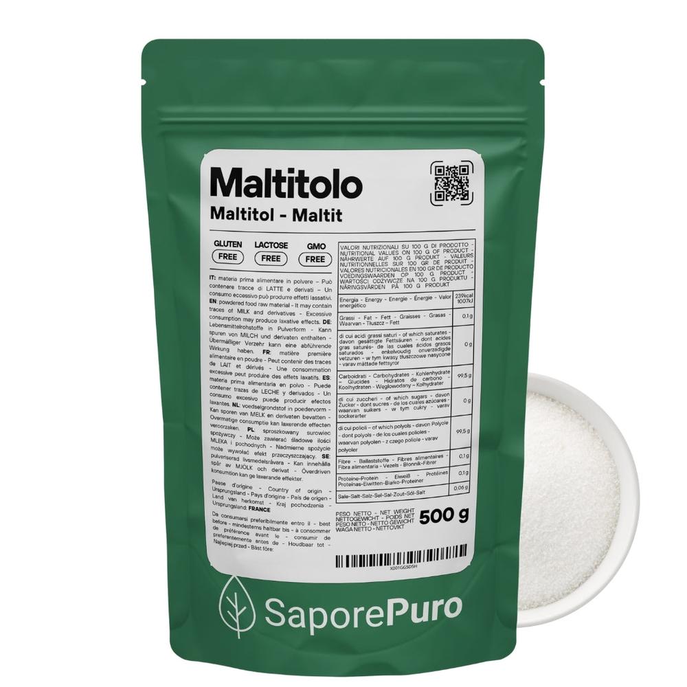 SaporePuro Maltitolo in polvere, Italian-made, in a clear bag showing fine white maltitol powder for baking and sweetening.