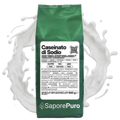 SaporePuro sodium caseinate ingredient for cooking and baking, gluten-free protein derived from milk, in a clear container.