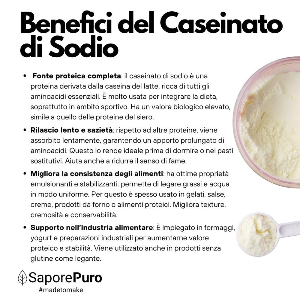 SaporePuro sodium caseinate protein powder in a container, gluten-free ingredient for baking and cooking, pure milk-derived casein.