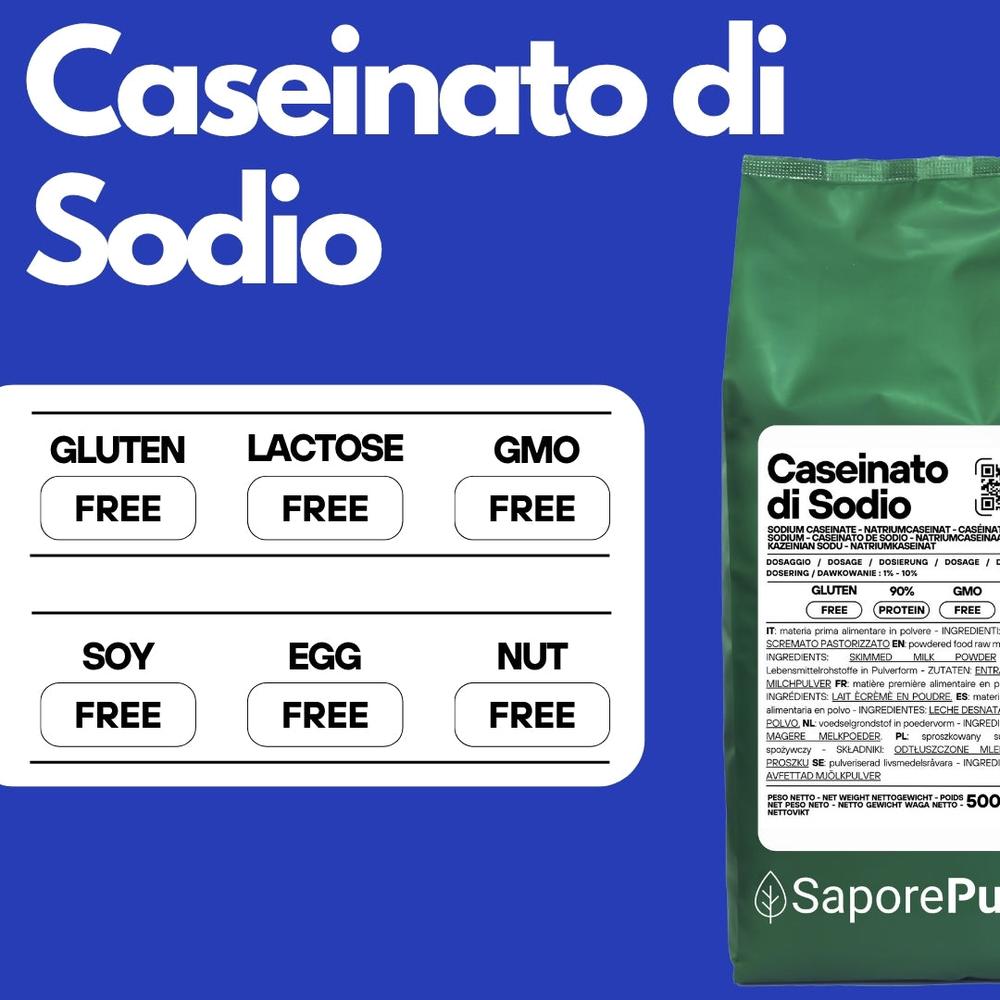 Bag of SaporePuro sodium caseinate, pure gluten-free milk protein for baking and cooking ingredients.