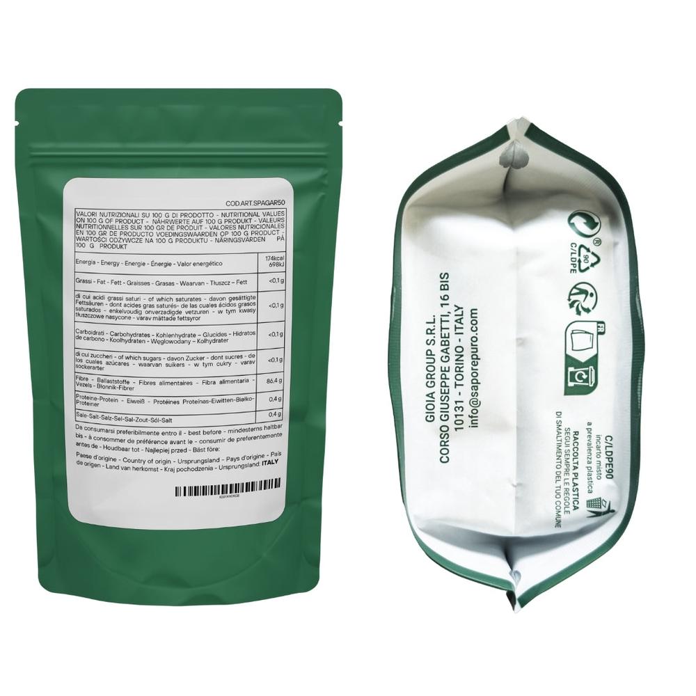 SaporePuro agar agar gelatine alternative in a clear packaging, natural Italian origin, suitable for gelling and thickening recipes