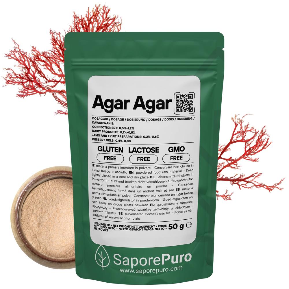 SaporePuro Agar Agar E406 natural gelatine alternative in a clear package, showing the powder form for culinary use.