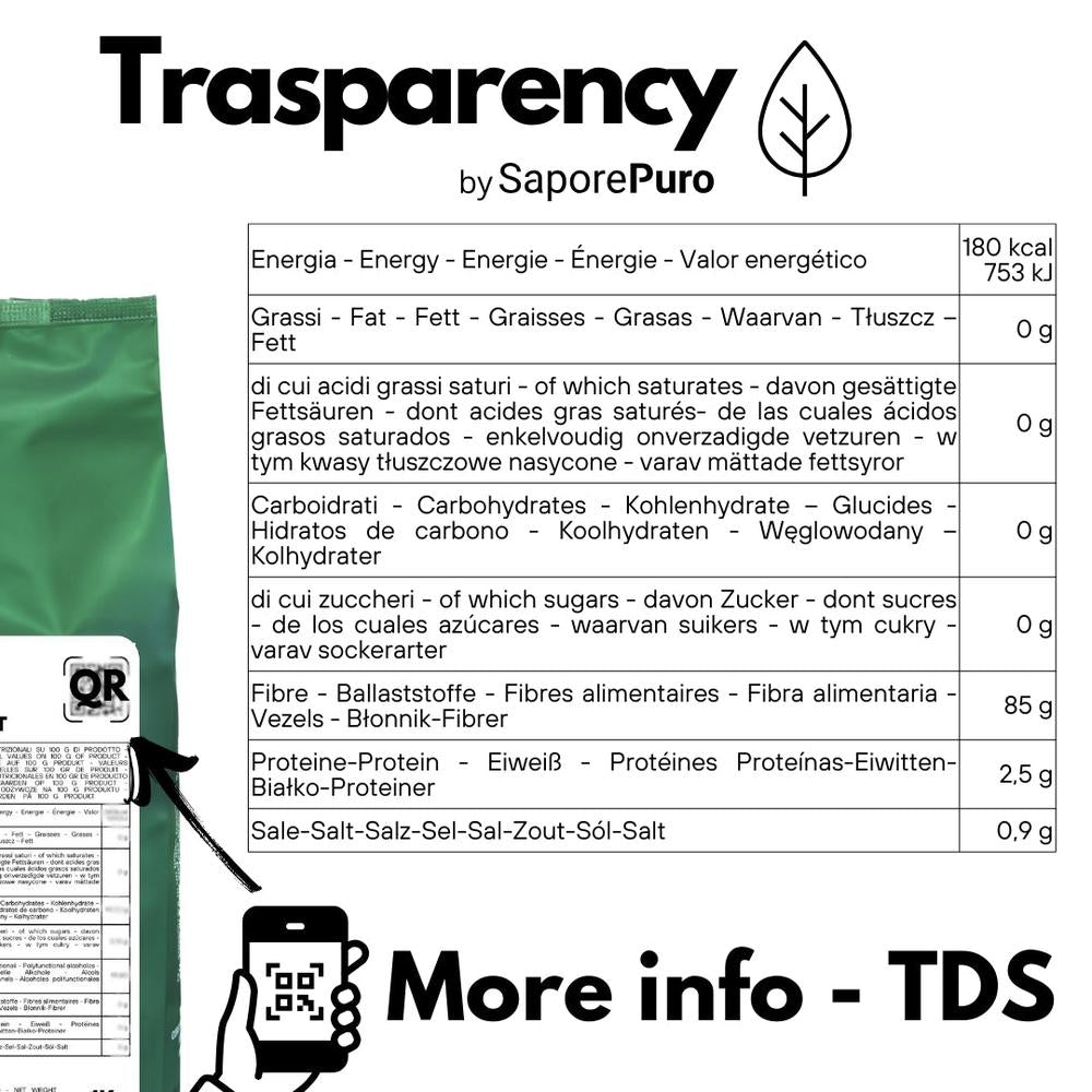 SaporePuro Arabica gum powder (E414), natural thickening ingredient for baking and cooking, packed in Italy.